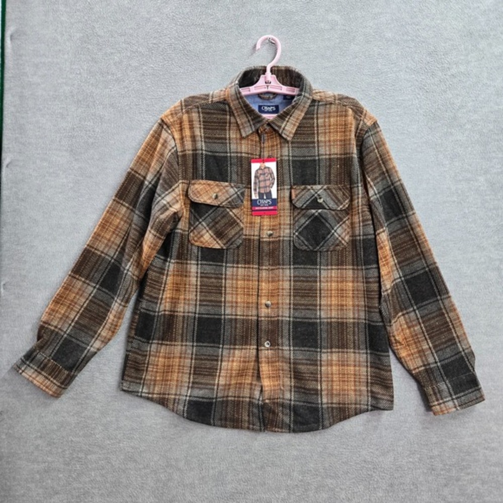 Chaps Men Shirt M Brown Plaid Stretch Flannel Shirt Button Up‎ Long Sleeve NWT